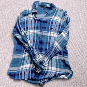 Lucky Brand Blue Plaid Button Front Blouse Medium